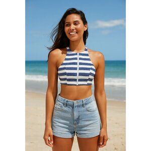 Venus High Neck  Zip front Bikini Sport Swim Top Navy & white size 16 NEW